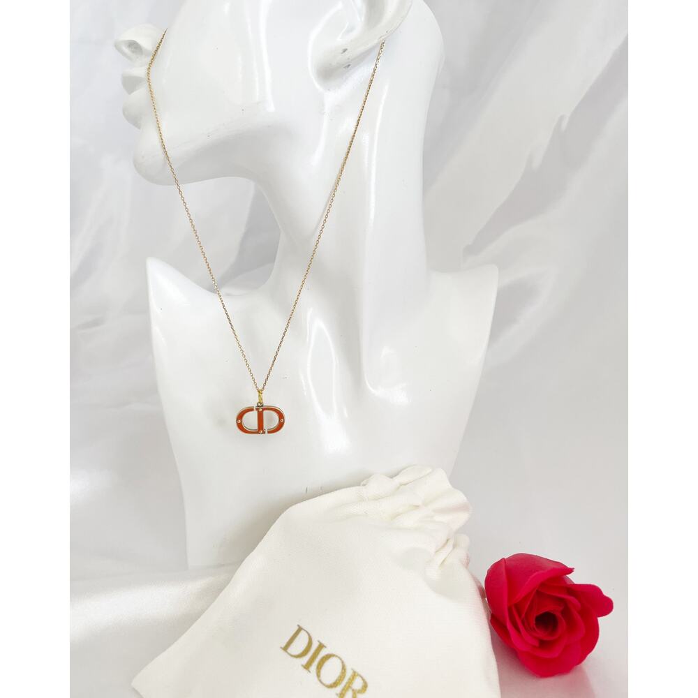 DIOR Vintage Necklace Zipper Pull Pendant Coral Enamel CD Logo Gold Tone Charm - Picture 6 of 9